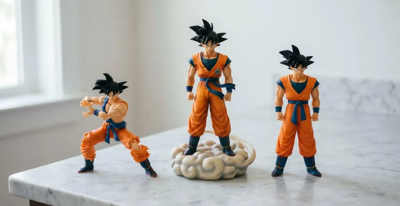 Comparaison visuelle de trois figurines Son Goku de marques différentes (Bandai, Megahouse, Banpresto) posées sur marbre blanc