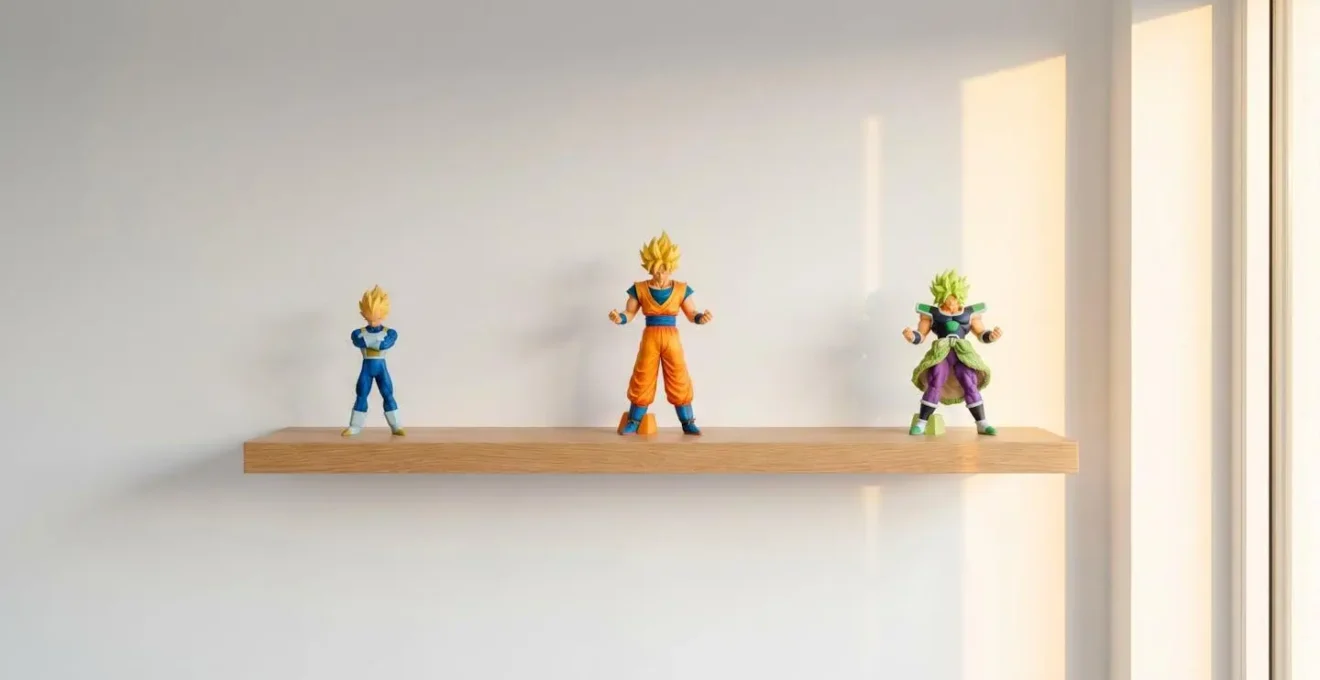 Étagère murale en bois clair présentant une collection de figurines Dragon Ball Z (Goku, Vegeta, Broly) parfaitement alignées sur fond blanc