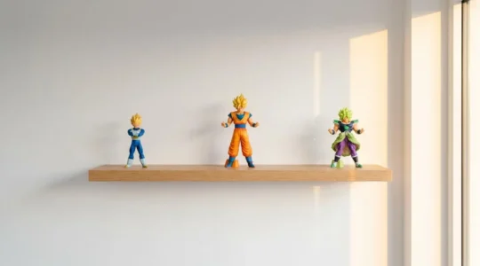 Étagère murale en bois clair présentant une collection de figurines Dragon Ball Z (Goku, Vegeta, Broly) parfaitement alignées sur fond blanc