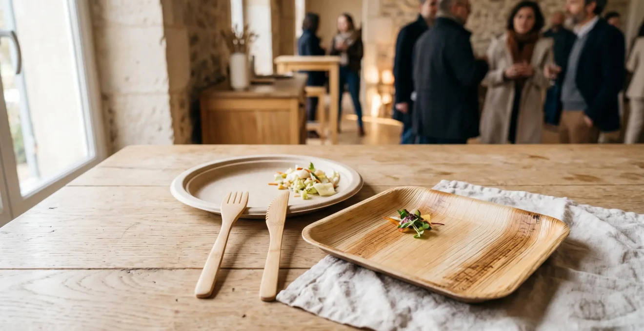 Gros plan sur trois types de vaisselle écologique : assiette ronde en canne à sucre beige, assiette carrée en feuille de palmier à grain visible et couverts en bambou clair