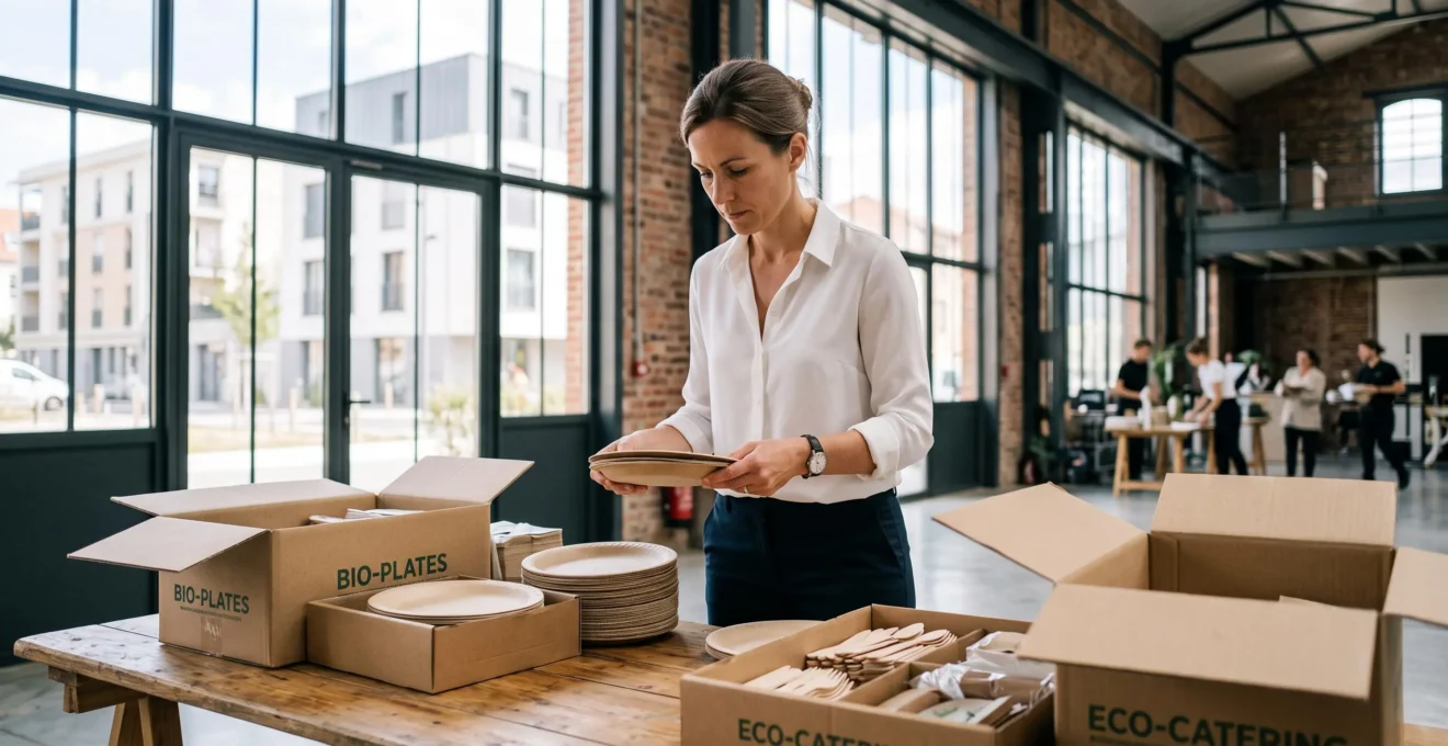 Responsable événementielle inspectant des assiettes écologiques sorties de cartons kraft sur une table de préparation dans un espace événementiel lumineux