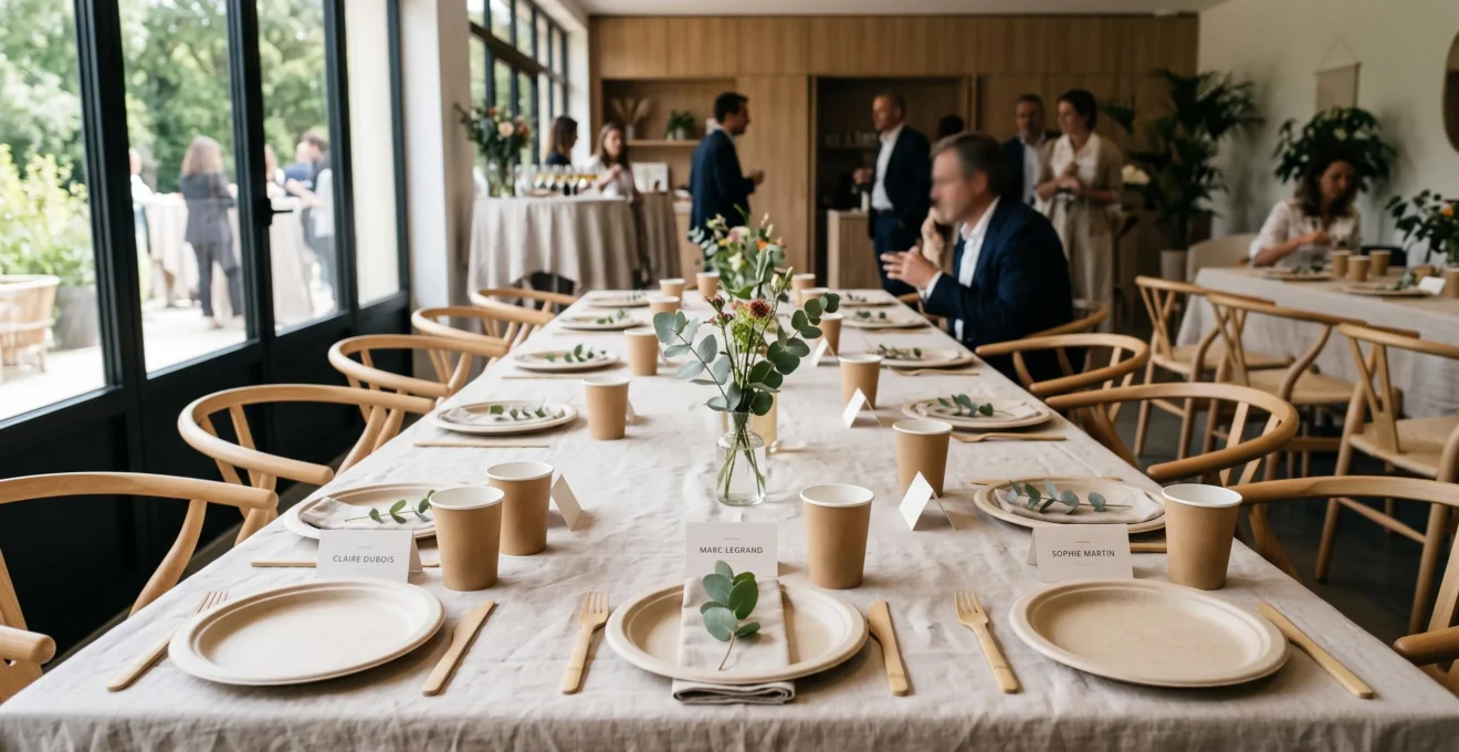 Table dressée pour événement professionnel avec assiettes rondes en canne à sucre beige, gobelets en carton kraft et couverts en bambou disposés harmonieusement sur nappe lin claire