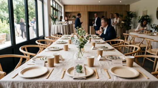 Table dressée pour événement professionnel avec assiettes rondes en canne à sucre beige, gobelets en carton kraft et couverts en bambou disposés harmonieusement sur nappe lin claire