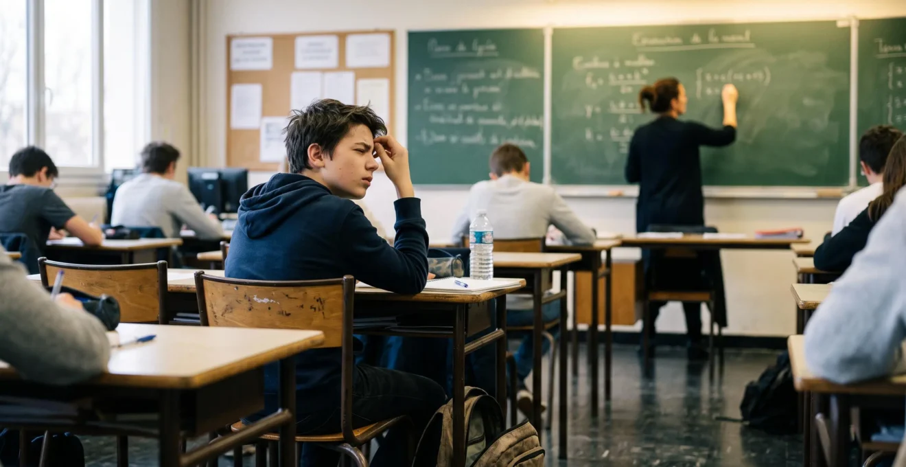 Un adolescent fronçe les yeux pour regarder le tableau au fond d'une salle de classe.