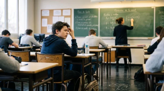 Un adolescent fronçe les yeux pour regarder le tableau au fond d'une salle de classe.