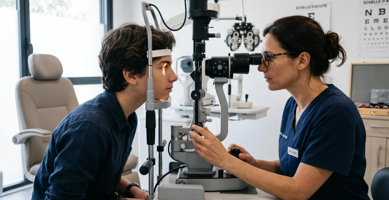 Un ophtalmologiste examine la vision d'un adolescent à l'aide d'une lampe à fente.
